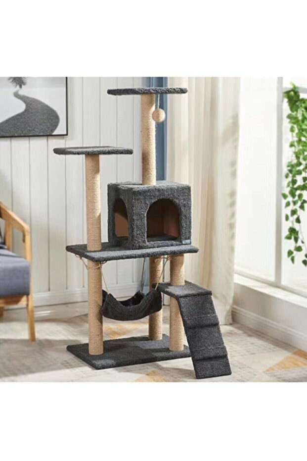 Antrasit B-07 Hamaklı Yuvalı Lüx Kedi Evi - Kedi Tırmalama Evi