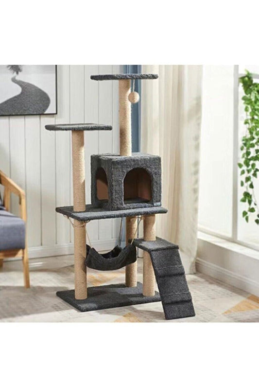 Antrasit B-07 Hamaklı Yuvalı Lüx Kedi Evi - Kedi Tırmalama Evi