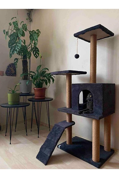 Antrasit B-07 Hamaklı Yuvalı Lüx Kedi Evi - Kedi Tırmalama Evi