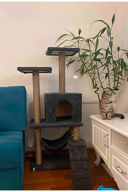 Antrasit B-07 Hamaklı Yuvalı Lüx Kedi Evi - Kedi Tırmalama Evi