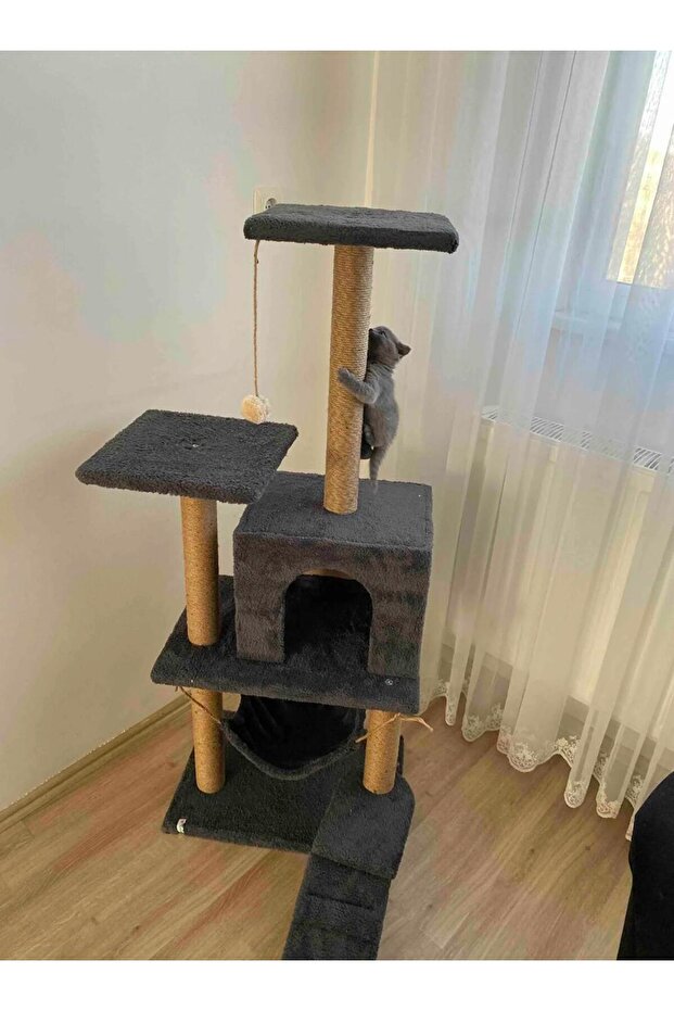 Antrasit B-07 Hamaklı Yuvalı Lüx Kedi Evi - Kedi Tırmalama Evi